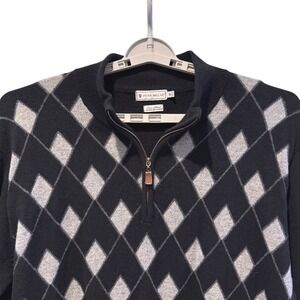 Peter Millar Mens Luxe Blend‎ Argyle 1/4 Zip Sweater XL Wool Cashmere Black Grey